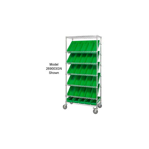 Global Industrial™ Easy Access Slant Shelf Chrome Wire Cart 18 4"H Shelf Bins Green 36Lx18Wx74H