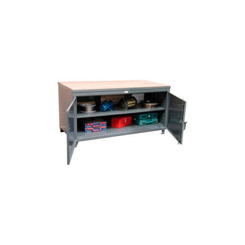 StrongHold Cabinet Workbench, Maple Butcher Block Square Edge, 96"W x 36"D, Gray