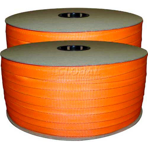 Kubinec Woven Polyester Strapping, 3/4&quot;W x 1650'L x 0.74&quot; Thick, 2550 lbs Break Strength, Orange - Pkg Qty 2