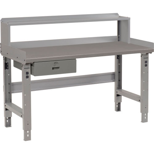 Global Industrial 60 x 30 Adj Height Workbench w/Drawer&Riser, Gray- Steel Square Edge Top