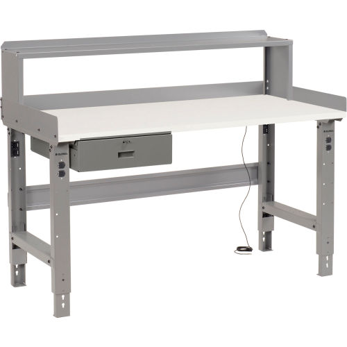 Global Industrial 60 x 30 Adj Height Workbench w/Drawer&Riser, Gray- ESD Square Edge Top