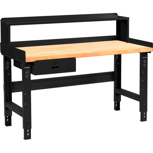 Global Industrial 60 x 30 Adj Height Workbench w/Drawer&Riser, Black-Birch Square Edge Top