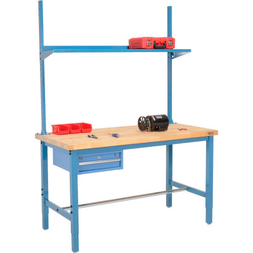 60 W x 30 D Production Workbench - Birch Butcher Block Square Edge w/ Drawer, Upright & Shelf - Blue