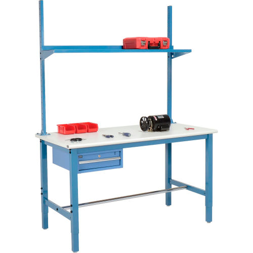60 W x 30 D Production Workbench - ESD Laminate Safety Edge with Drawer, Upright & Shelf - Blue
