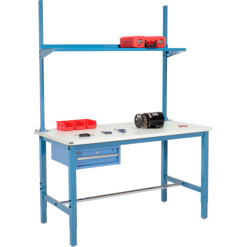 60 W x 30 D Production Workbench - ESD Laminate Square Edge with Drawer, Upright & Shelf - Blue