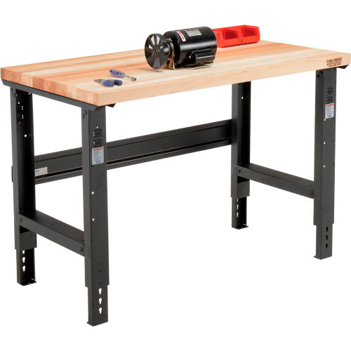 48 W x 30 D Maple Butcher Block Square Edge Workbench, Adjustable Height, Black
