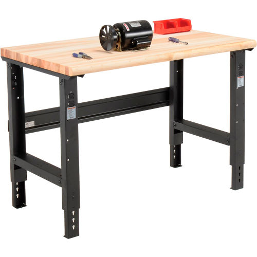 48 W x 30 D Maple Butcher Block Safety Edge Workbench, Adjustable Height, Black