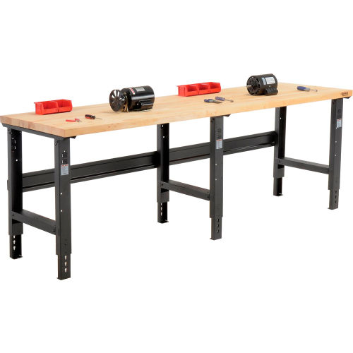 96 W x 30 D Birch Butcher Block Square Edge Workbench, Adjustable Height, Black
