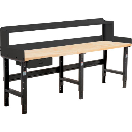 Global Industrial 96 x 30 Adj Height Workbench w/Drawer&Riser, Black-Birch Square Edge Top