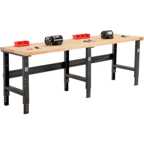 96 W x 30 D Maple Butcher Block Square Edge Workbench, Adjustable Height, Black