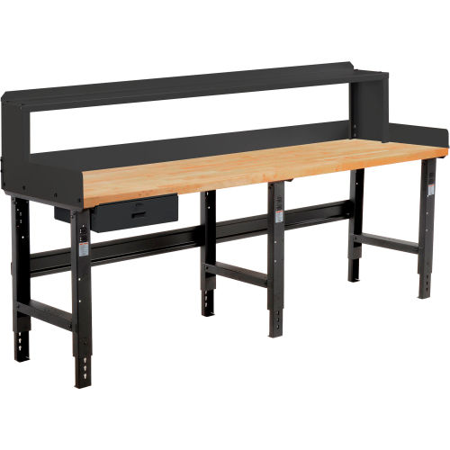 Global Industrial 96 x 30 Adj Height Workbench w/Drawer&Riser, Black- Maple Square Edge Top