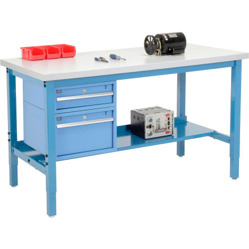 60 W X 30 D Production Workbench - Plastic Laminate Square Edge with Drawers & Shelf- Blue