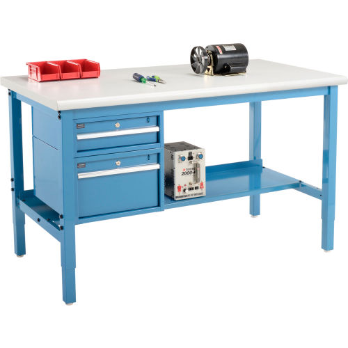 60W X 30D Production Workbench - Plastic Laminate Safety Edge with Drawers & Shelf - Blue