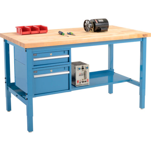 60W X 30D Production Workbench - Birch Butcher Block Square Edge with Drawers & Shelf - Blue