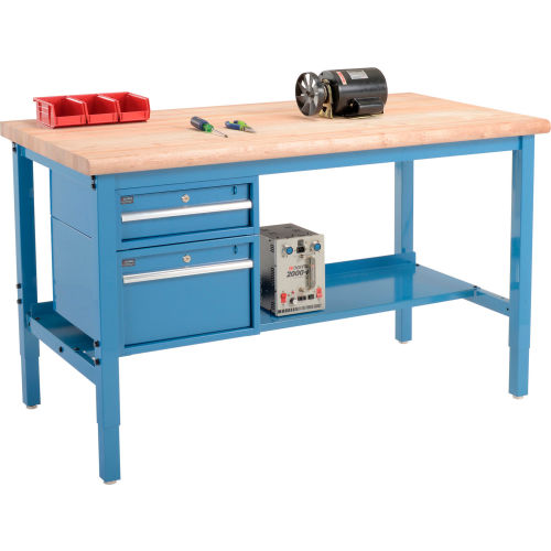60W X 30D Production Workbench - Maple Butcher Block Safety Edge with Drawers & Shelf - Blue