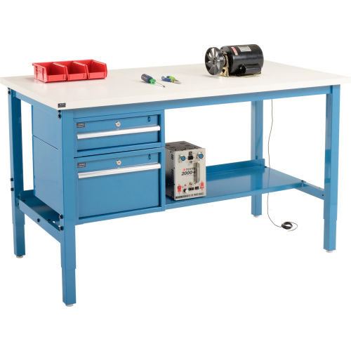 60W X 30D Production Workbench - ESD Laminate Square Edge with Drawers & Shelf - Blue