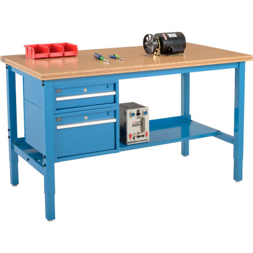 60W X 30D Production Workbench - Shop Top Square Edge with Drawers & Shelf - Blue