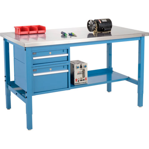 60W X 30D Production Workbench - Stainless Steel Square Edge with Drawers & Shelf - Blue