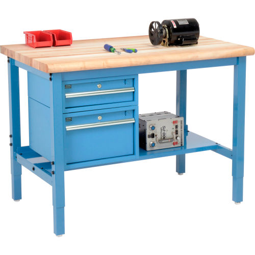 48inW X 30inD Production Workbench - Maple Butcher Block Safety with Drawers & Shelf - Blue
																			