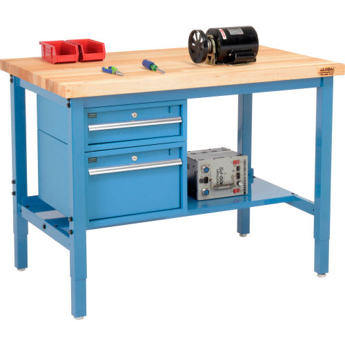 96"W X 30"D Production Workbench - Birch Butcher Block Square Edge with Drawers & Shelf - Blue