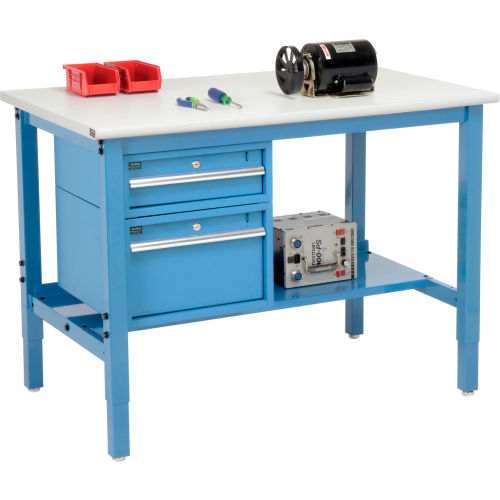 48inW X 30inD Production Workbench - ESD Laminate Safety Edge with Drawers & Shelf - Blue
																			