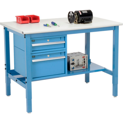 48inW X 30inD Production Workbench - ESD Laminate Safety Edge with Drawers & Shelf - Blue
