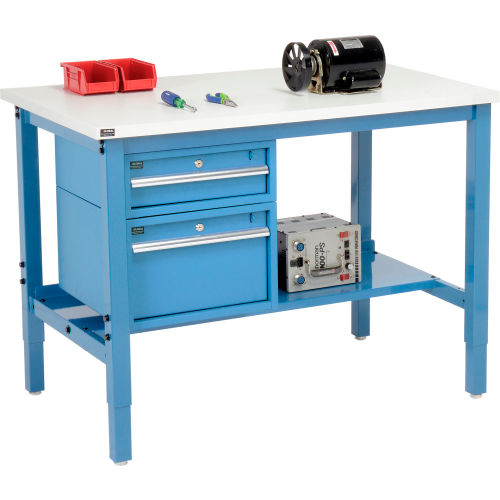 48inW X 30inD Production Workbench - ESD Laminate Square Edge with Drawers & Shelf - Blue