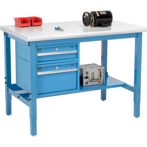 48inW X 30inD Production Workbench - Plastic Laminate Safety Edge with Drawers & Shelf - Blue
																			