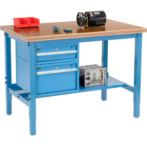 48inW X 30inD Production Workbench - Shop Top Safety Edge with Drawers & Shelf - Blue