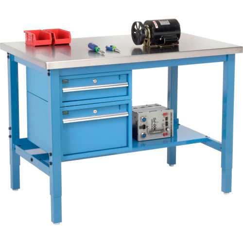 48inW X 30inD Production Workbench - SS Square Edge with Drawers & Shelf - Blue