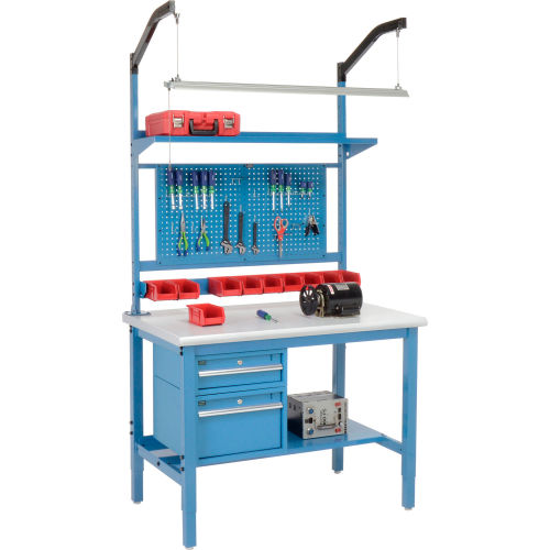 48inW X 30inD Production Workbench - Plastic Laminate Safety Edge Complete Bench - Blue