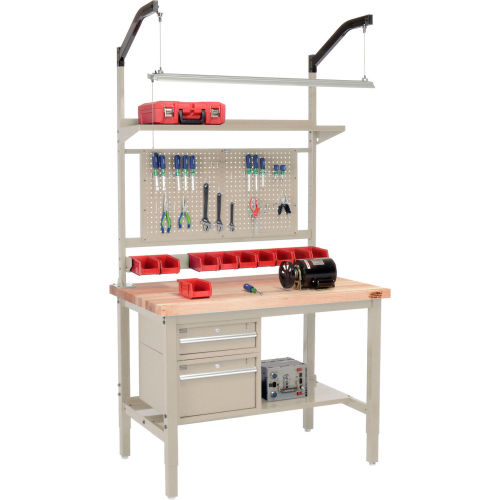 48W X 30D Production Workbench - Maple Butcher Block Square Edge Complete Bench - Tan