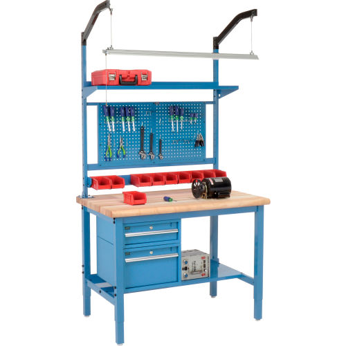 48"W X 36"D Production Workbench - Maple Butcher Block Safety Edge Complete Bench - Blue