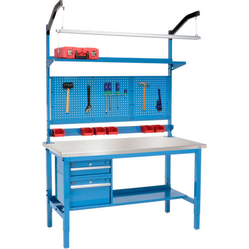 60W x 30D Production Workbench - Stainless Steel Square Edge Complete Bench - Blue