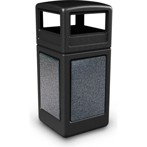 PolyTec&#153; Square Waste Container w/Dome Lid,  Black w/Pepperstone Stone Panels, 42-Gallon