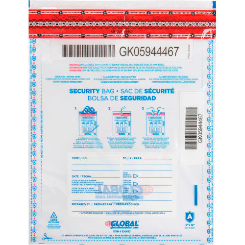 Global Industrial™ FraudStopper™ Tamper Evident Clear Deposit Bag, 9W x 12H, 100/Pack