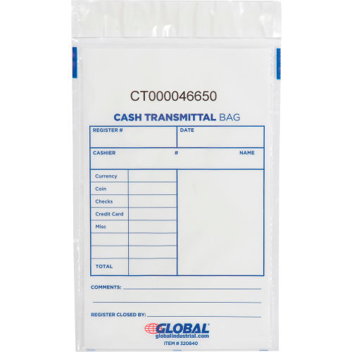 Global Industrial™ Cash Transmittal Clear Bag, 6W x 9H, 100/Pack