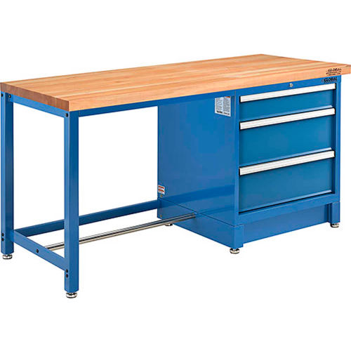 Global Industrial&#153; 72Wx30D Modular Workbench, 3 Drawers, Maple Butcher Block Square Edge, Blue