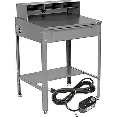 Slanted Shop Desk w/Pigeonhole Compartments and 15Ft Outlet 34-1/2"W x 30"D x 38 to 42-1/2"H - Gray
