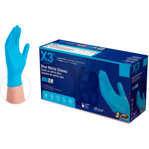 Ammex&#176; X3 Industrial Nitrile Gloves, Powder-Free, 3-MIL, Navy Blue, X-Large