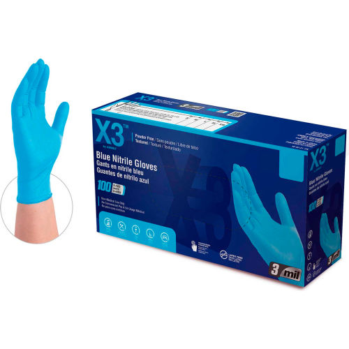Ammex° X3 Industrial Nitrile Gloves, Powder-Free, 3-MIL, Navy Blue, X-Large