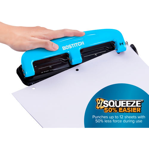 Bostitch EZ Squeeze™ ThreeHole Punch, 12Sheet Capacity, Blue