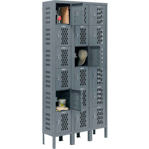 Infinity Heavy Duty Ventilated Steel Locker, Six Tier, 3-Wide, 12x12x12, Unassembled, Gray