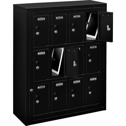 Global™ 12 Doors Tablet & Cell Phone Locker with Keyed Lock & Hasp and Master Door Open–Black