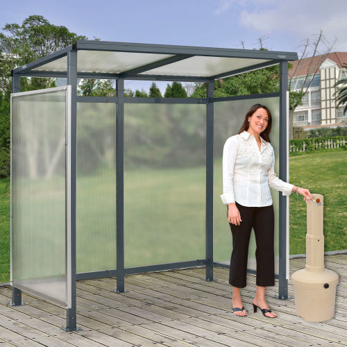 Bus Smoking Shelter Flat Roof 3-Side Open Front With Beige 5 Gallon Outdoor Ashtray 6ft5inx3ft8inx7ft