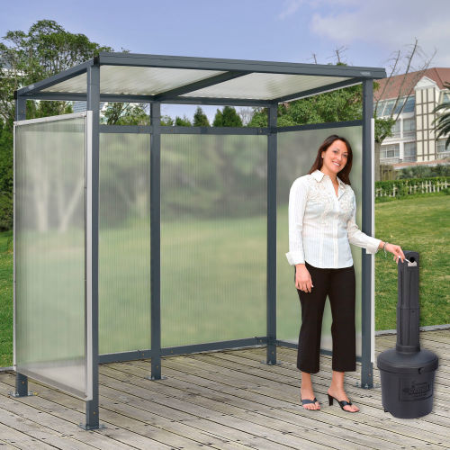 Bus Smoking Shelter Flat Roof 3-Side Open Front With Black 5 Gallon Outdoor Ashtray 6ft5inWx3ft8inDx7ftH
