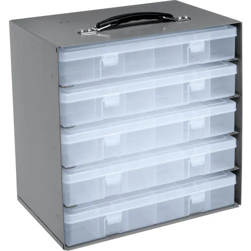 Durham Steel Compartment Box Rack 13-1/2 x 9-1/8 x 13-1/4 with 5 of  24-Compartment Plastic Boxes