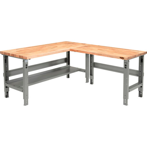 Global Industrial™ L-Shaped Adjustable Height Workbench, Maple Square Edge