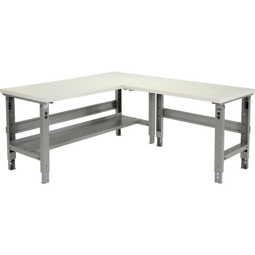 Global Industrial™ L-Shaped Adjustable Height Workbench, Laminate Square Edge