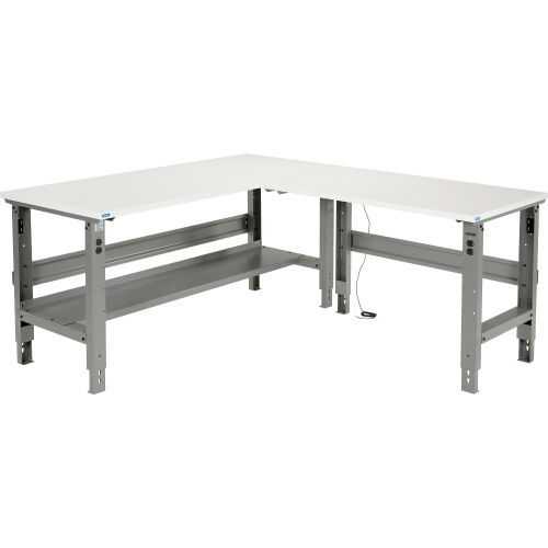 Global Industrial™ L-Shaped Adjustable Height Workbench, ESD Laminate Square Edge
																			